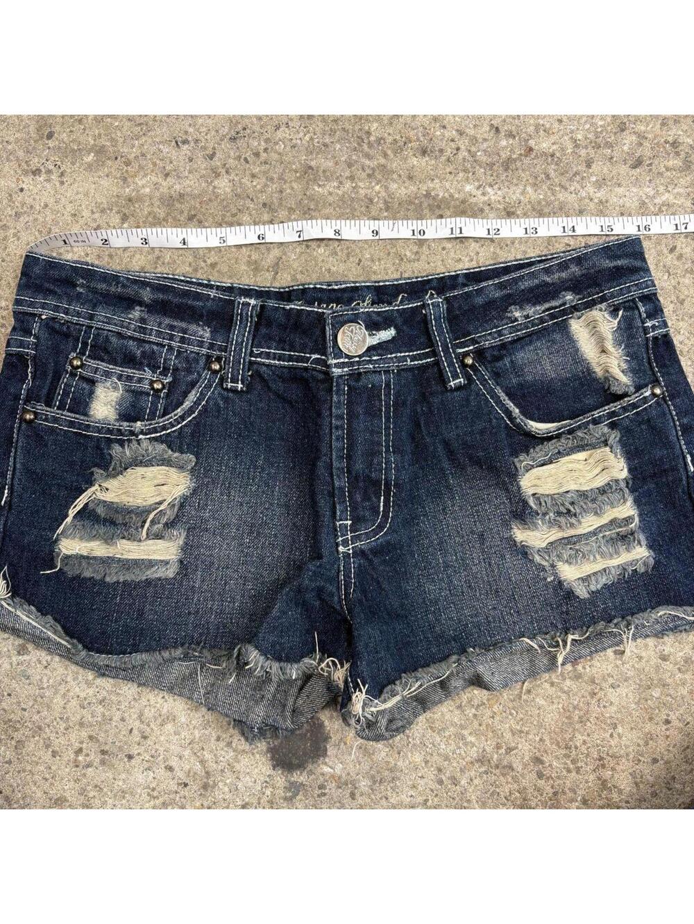 Vintage Y2K Low Rise Denim Micro Shorts Faded Dark Wash - Picture 4 of 5